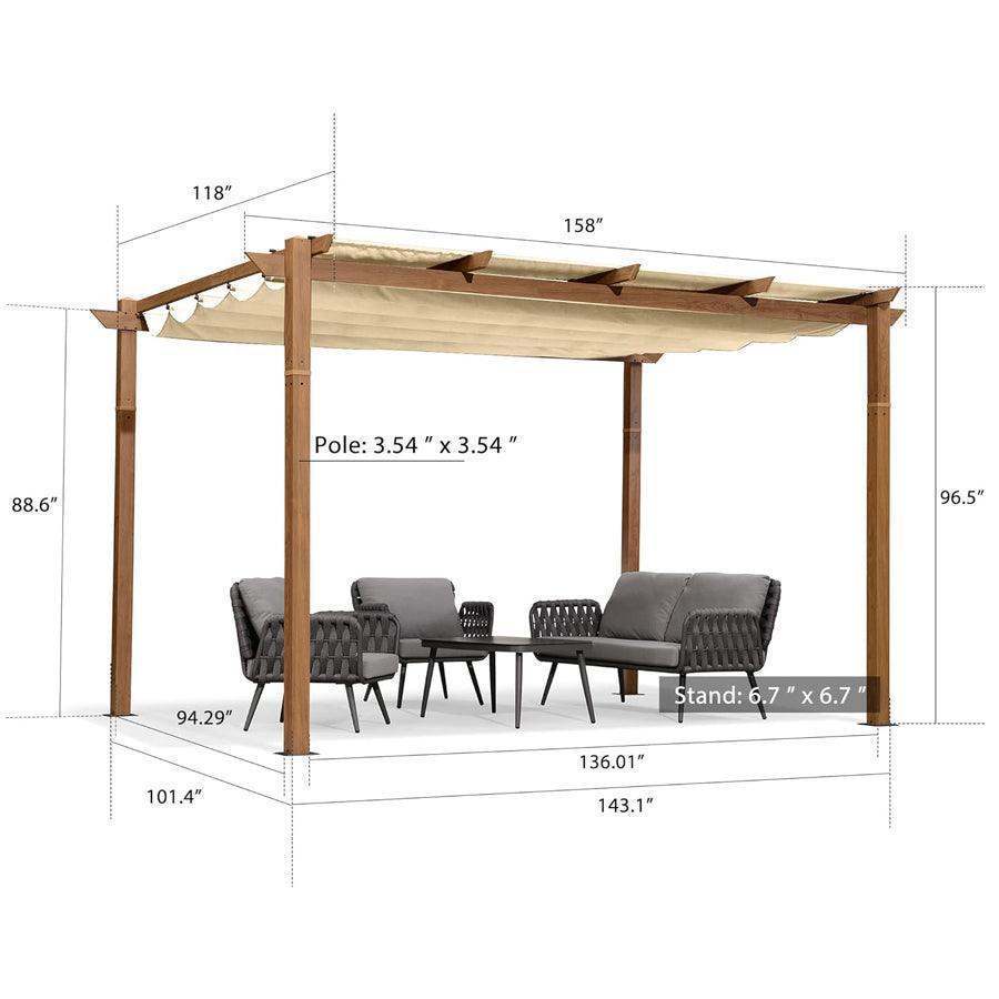 PURPLE LEAF Outdoor Retractable Pergola with Sun Shade Canopy In Natural Wood Grain Frame With Lights