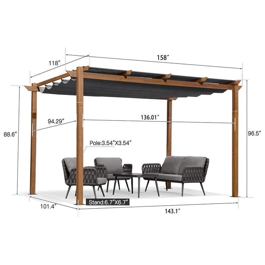 PURPLE LEAF Outdoor Retractable Pergola with Sun Shade Canopy In Natural Wood Grain Frame With Lights