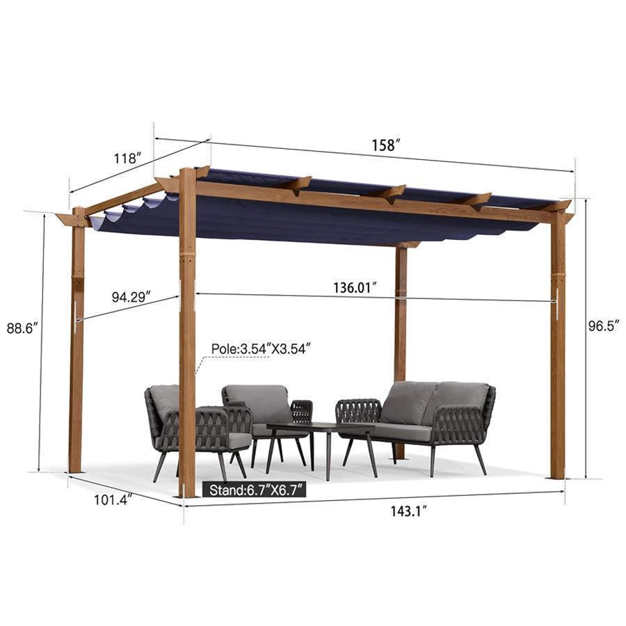 PURPLE LEAF Outdoor Retractable Pergola with Sun Shade Canopy In Natural Wood Grain Frame With Lights