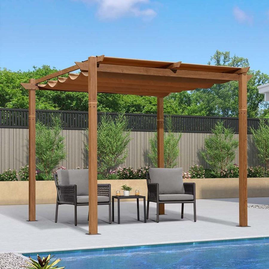 PURPLE LEAF Outdoor Retractable Pergola with Sun Shade Canopy In Natural Wood Grain Frame With Lights