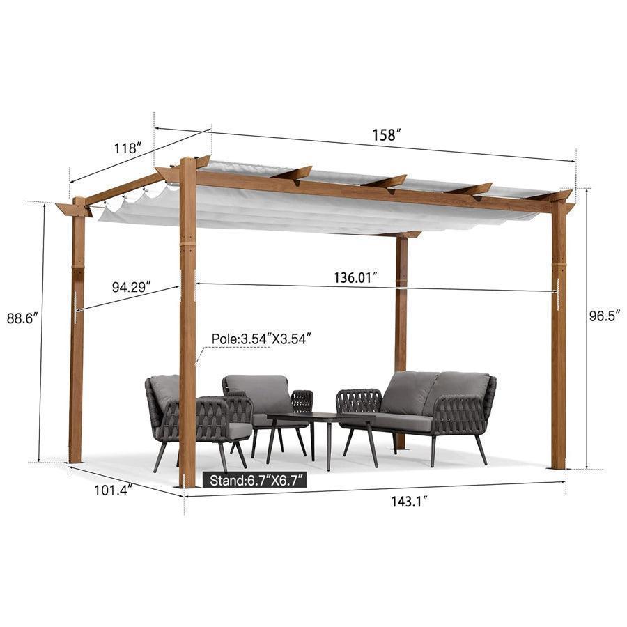 PURPLE LEAF Outdoor Retractable Pergola with Sun Shade Canopy In Natural Wood Grain Frame With Lights