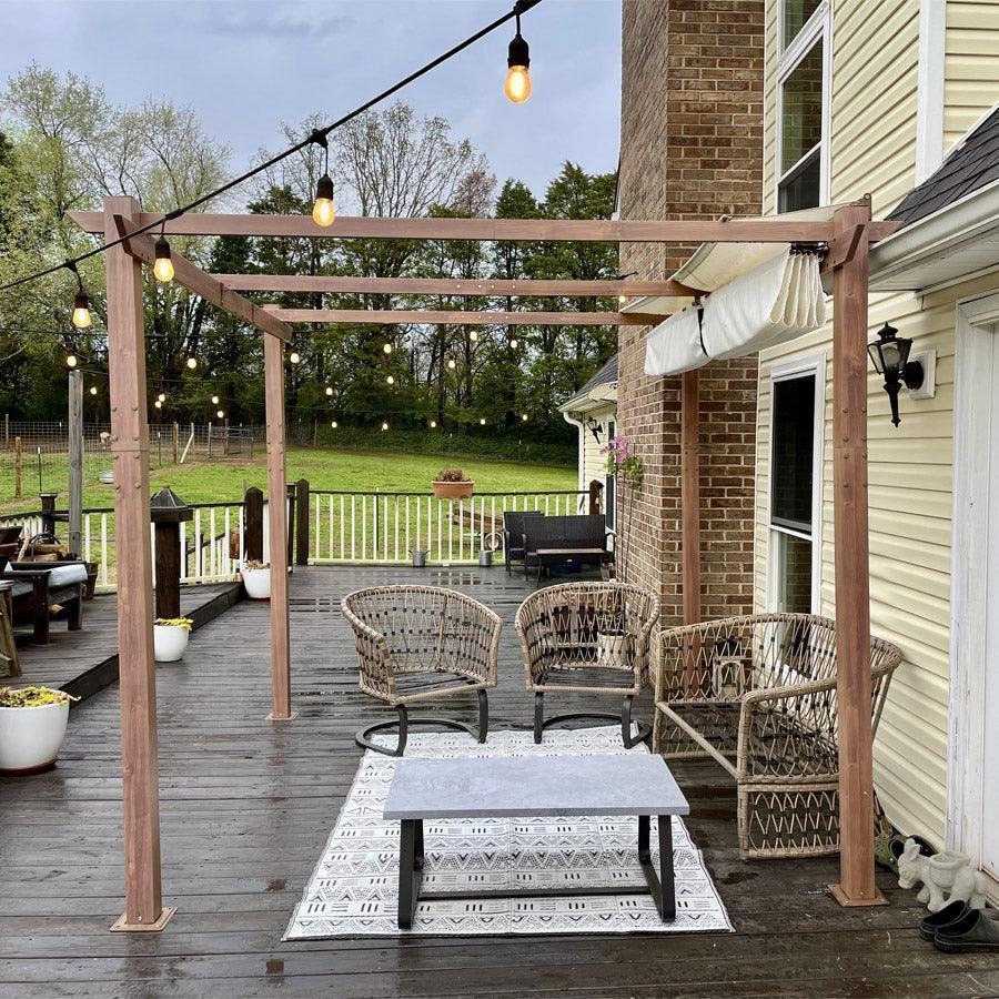 PURPLE LEAF Outdoor Retractable Pergola with Sun Shade Canopy In Natural Wood Grain Frame With Lights