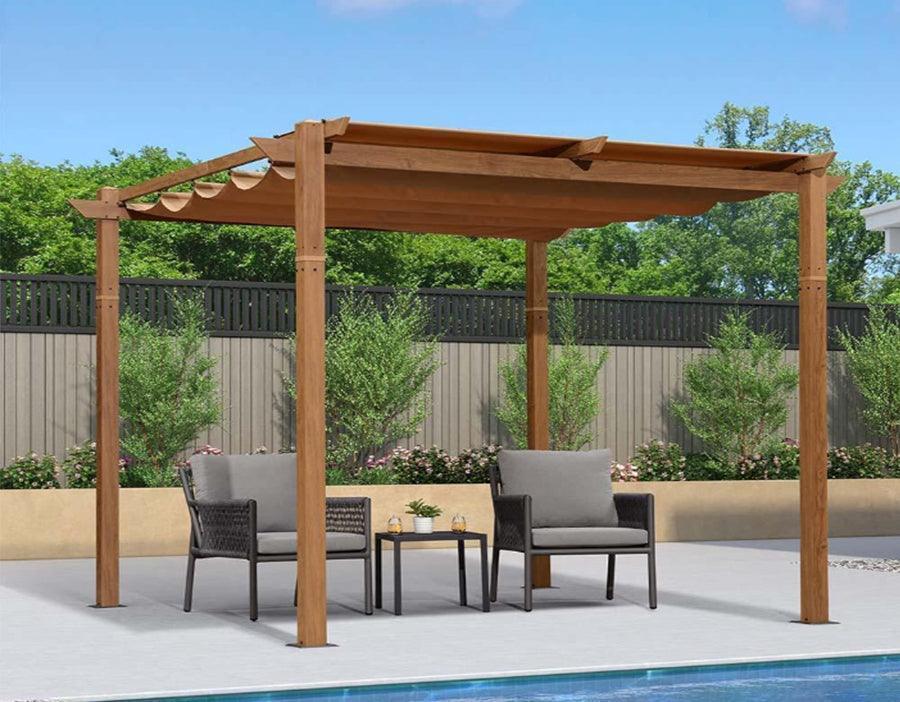 PURPLE LEAF Outdoor Retractable Pergola with Sun Shade Canopy In Natural Wood Grain Frame With Lights