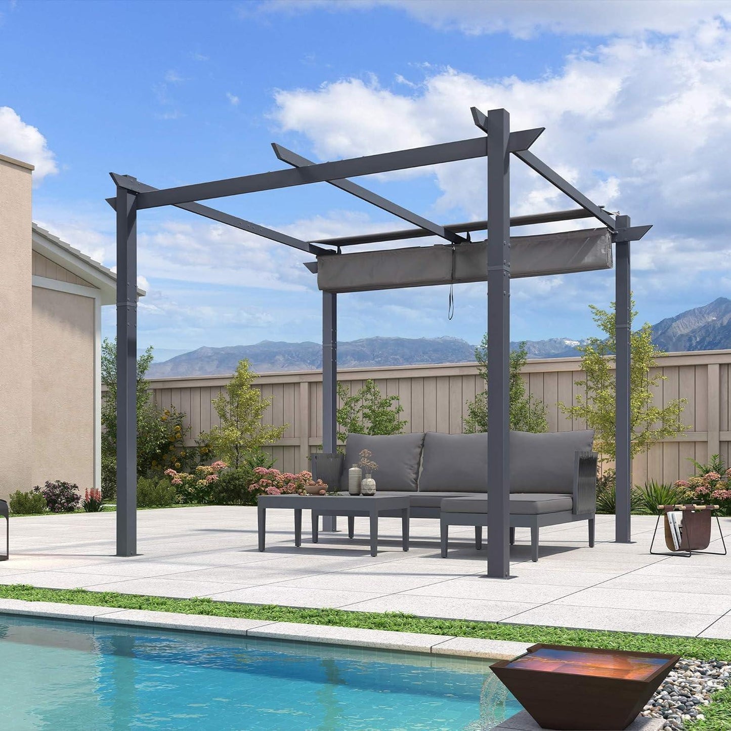 PURPLE LEAF Patio Retractable Pergola with Shade Canopy Modern Grill Gazebo Metal Shelter Pavilion for Porch Deck Garden Backyard With Lights