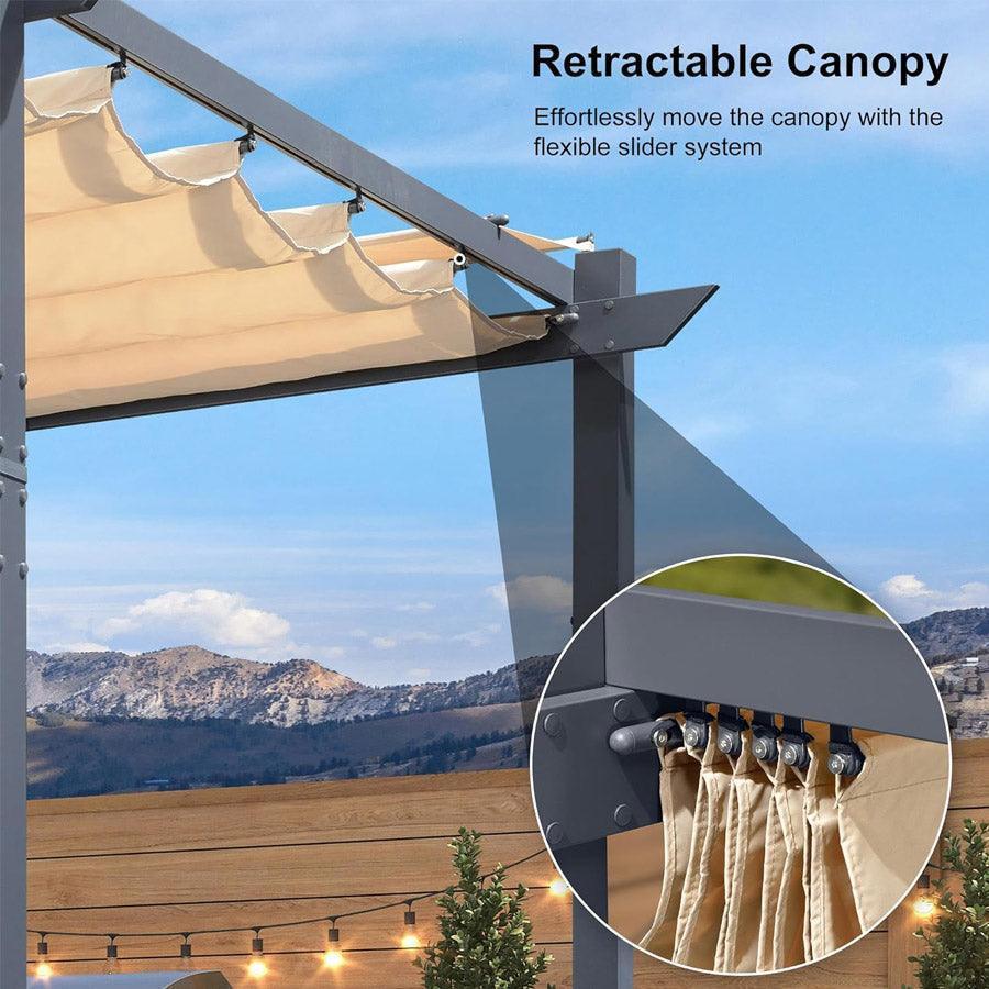 PURPLE LEAF Patio Retractable Pergola with Shade Canopy Modern Grill Gazebo Metal Shelter Pavilion for Porch Deck Garden Backyard With Lights