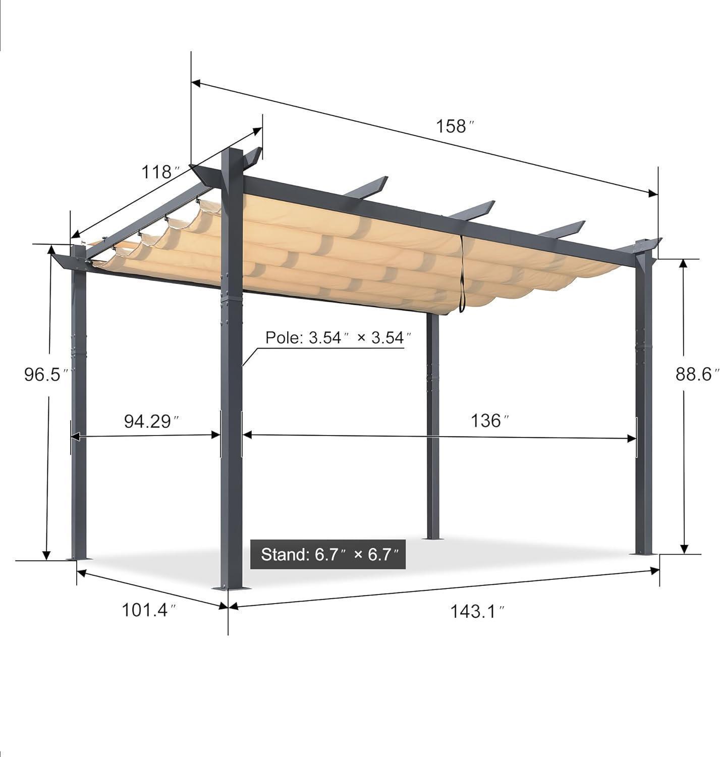 PURPLE LEAF Patio Retractable Pergola with Shade Canopy Modern Grill Gazebo Metal Shelter Pavilion for Porch Deck Garden Backyard With Lights