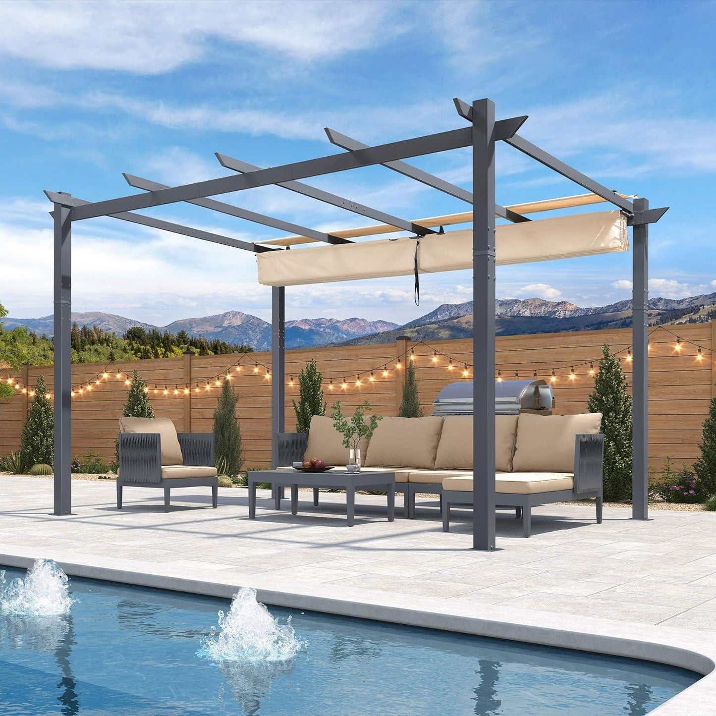 PURPLE LEAF Patio Retractable Pergola with Shade Canopy Modern Grill Gazebo Metal Shelter Pavilion for Porch Deck Garden Backyard With Lights