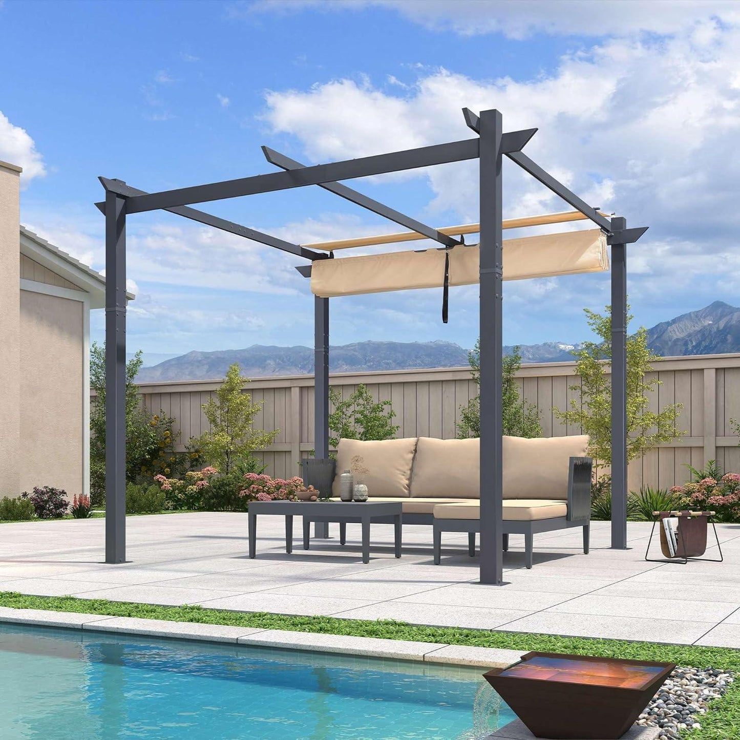 PURPLE LEAF Patio Retractable Pergola with Shade Canopy Modern Grill Gazebo Metal Shelter Pavilion for Porch Deck Garden Backyard With Lights