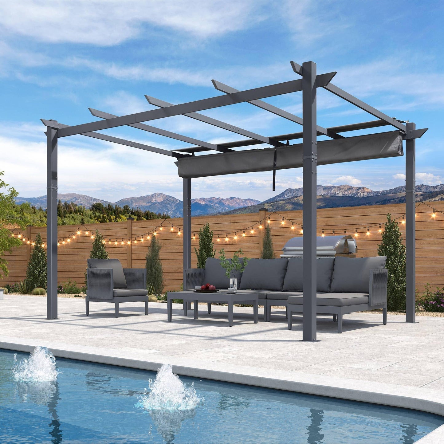 PURPLE LEAF Patio Retractable Pergola with Shade Canopy Modern Grill Gazebo Metal Shelter Pavilion for Porch Deck Garden Backyard With Lights