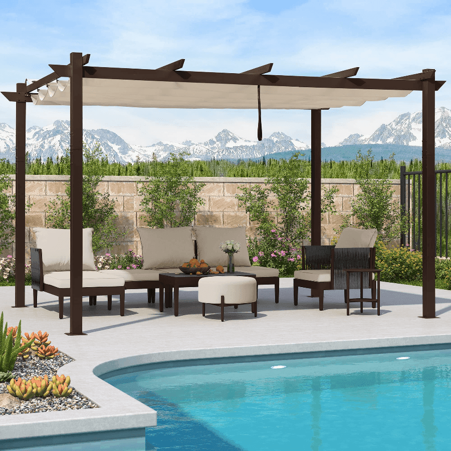 Outdoor Retractable Metal Pergola with Canopy For Garden -Purple Leaf Garden