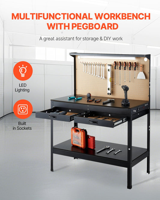 Vevor Work Bench with 47" Pegboard LED Lighting 242 Lbs Capacity New