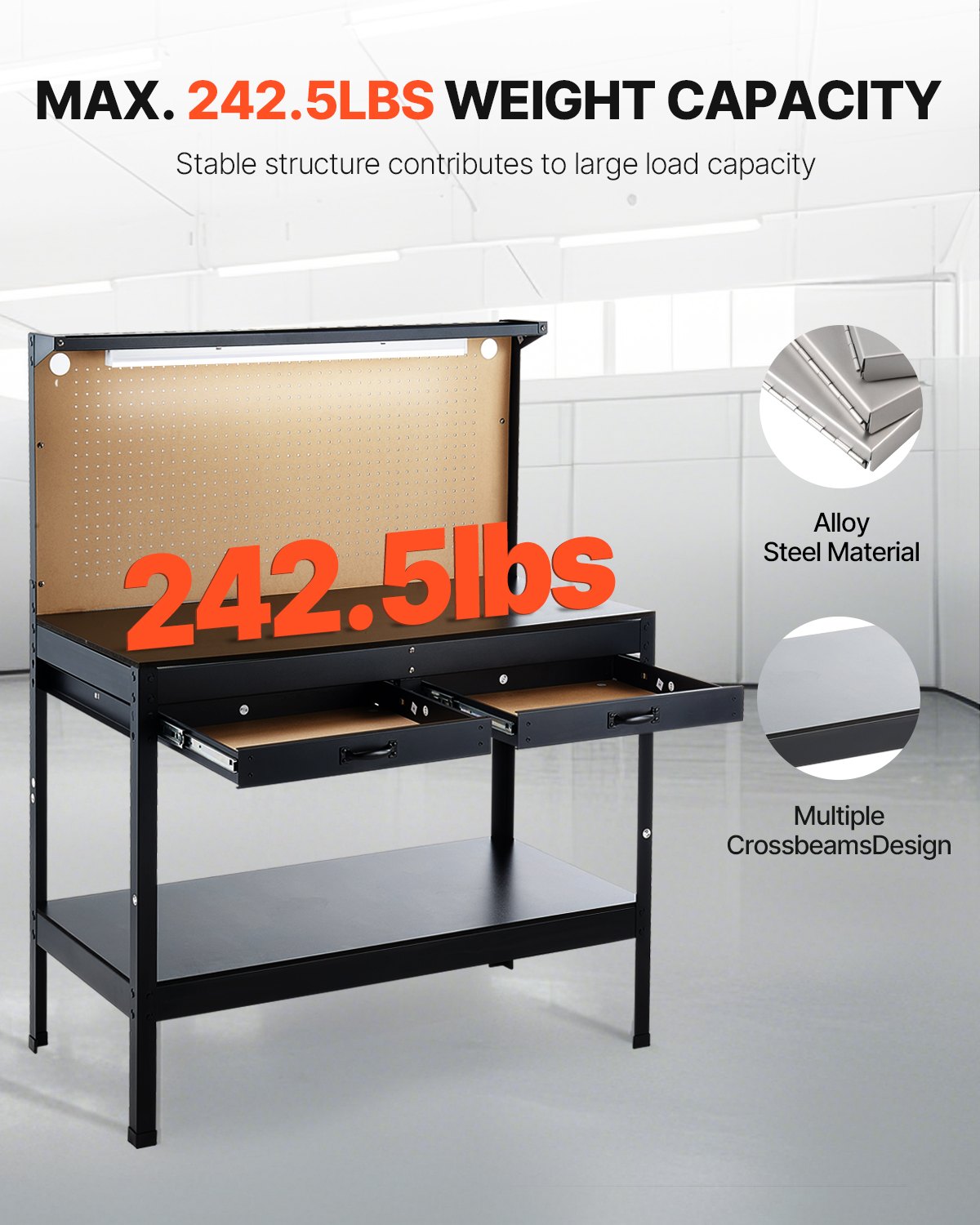 Vevor Work Bench with 47" Pegboard LED Lighting 242 Lbs Capacity New