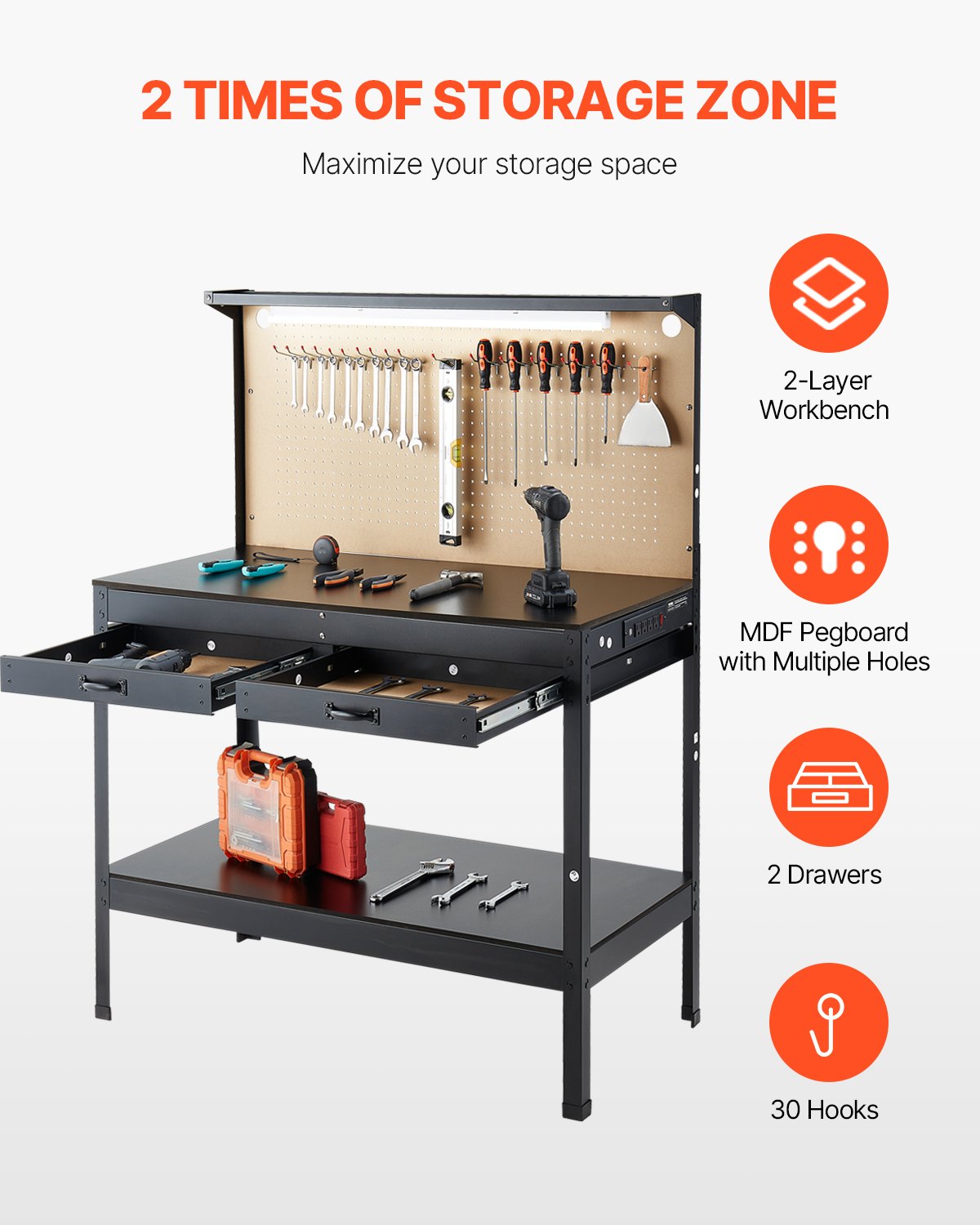Vevor Work Bench with 47" Pegboard LED Lighting 242 Lbs Capacity New