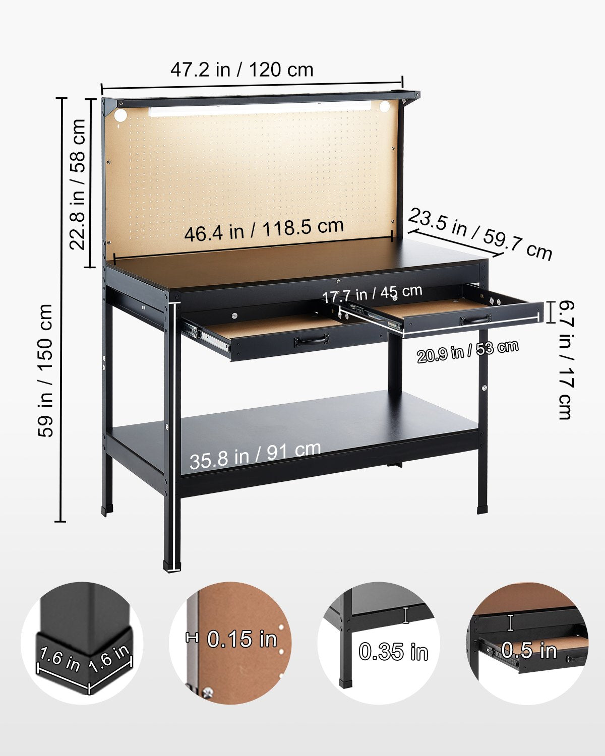 Vevor Work Bench with 47" Pegboard LED Lighting 242 Lbs Capacity New
