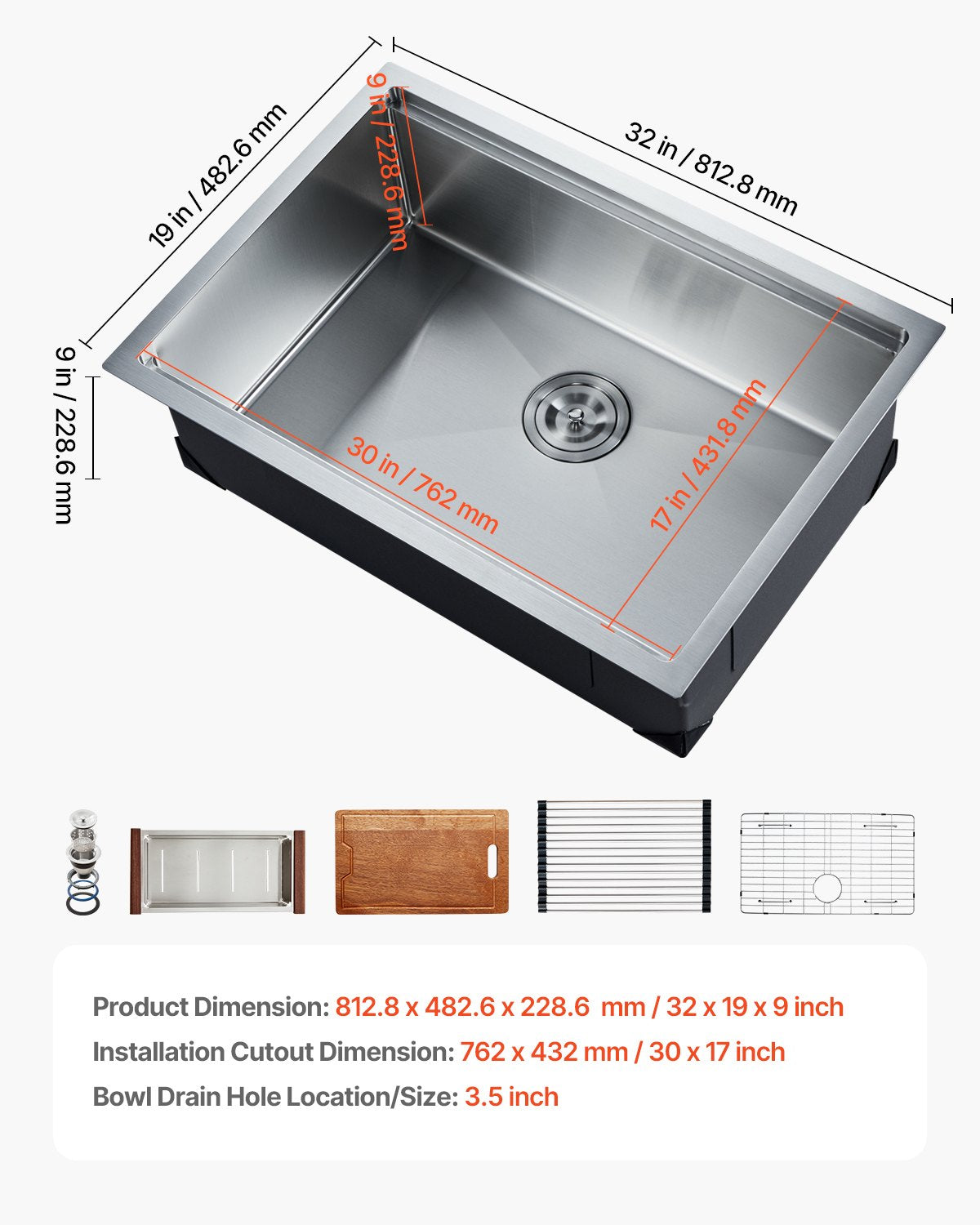 Vevor Kitchen Sink 32" Undermount Single Bowl Basin Stainless Steel New