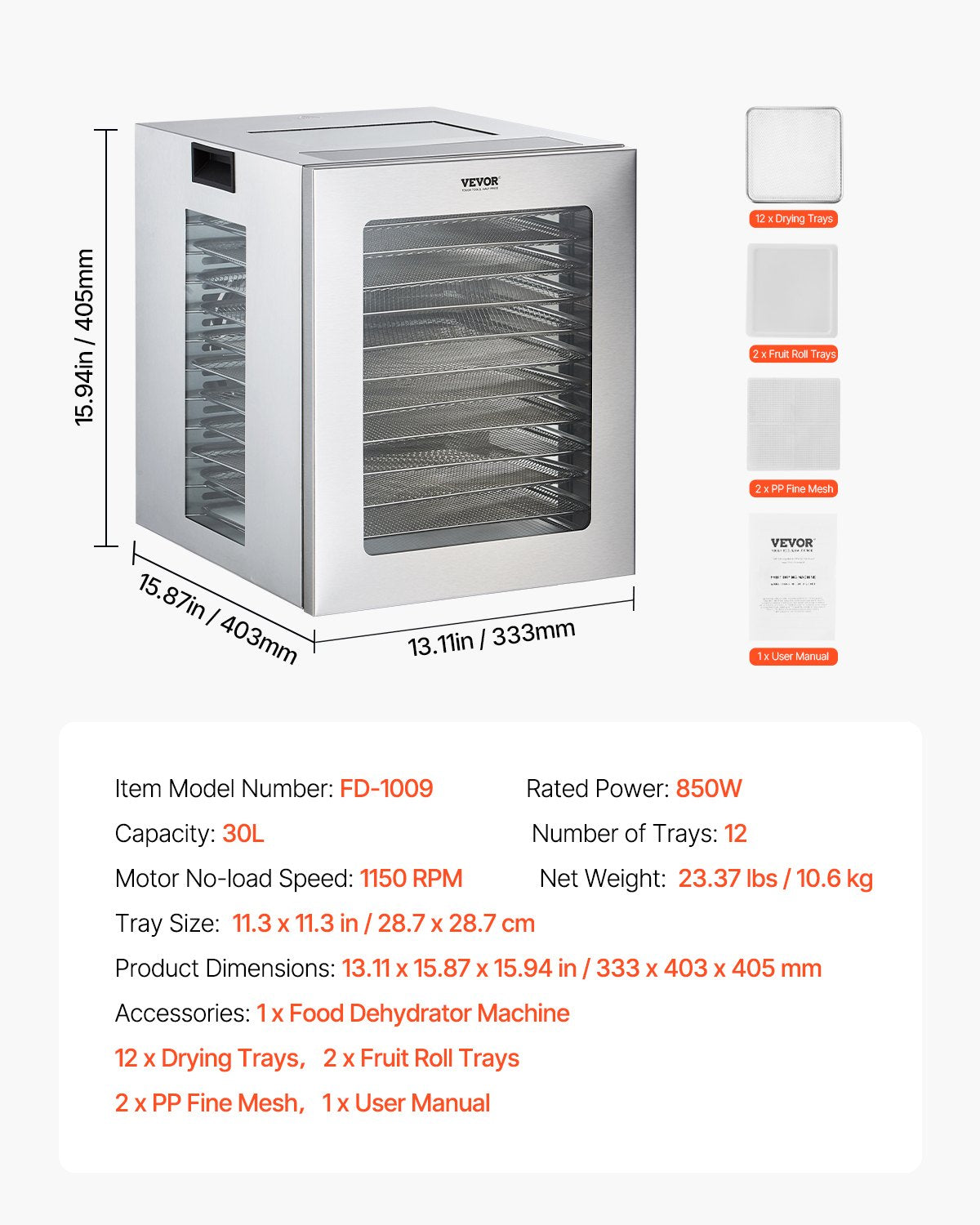 Vevor Food Dehydrator 12-Layer Stainless Steel 850W Meat Fruit Drying New
