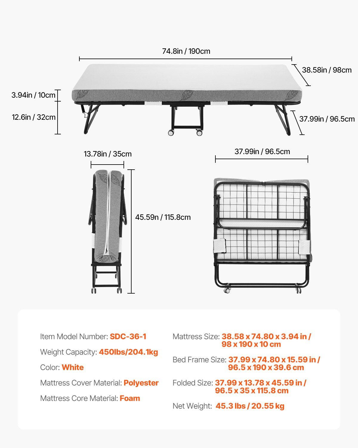 Vevor Rollaway Folding Bed 75" x 38" with 4" Foam Mattress New