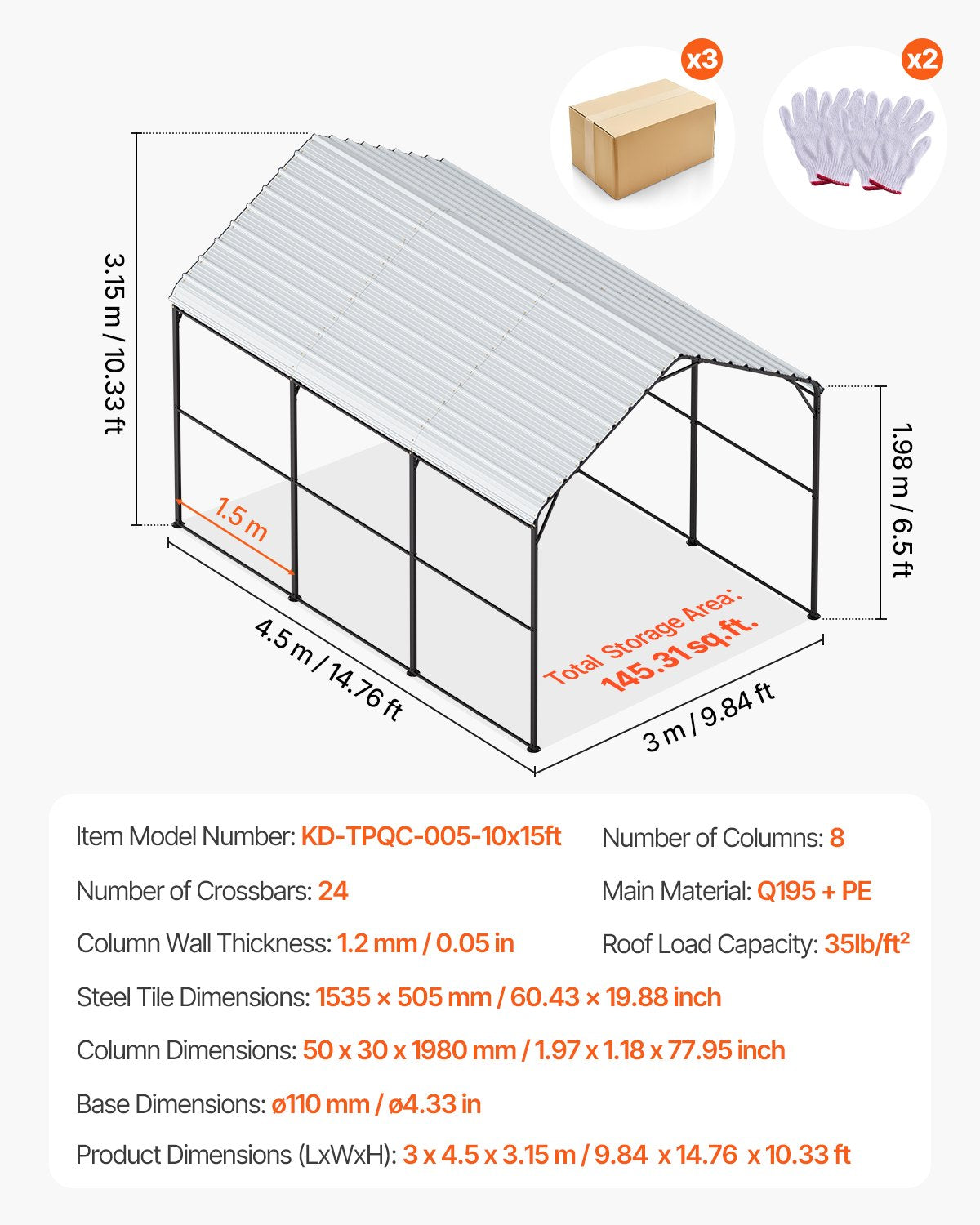 Vevor Metal Carport Heavy Duty Garage Shelter 10 x 15 FT with Removable Sidewall New